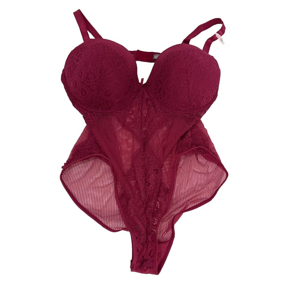 Daisy Fuentes Red Wine Lace Mesh Bodysuit Womens Size 2X